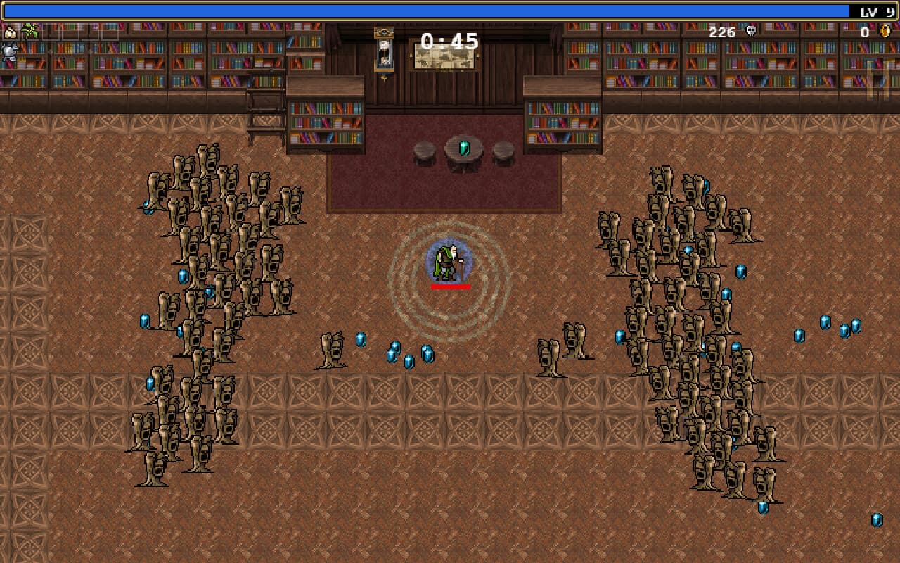 Vampire Survivors: enemies approach from both sides of a library while blue experience gems lie along the floor.