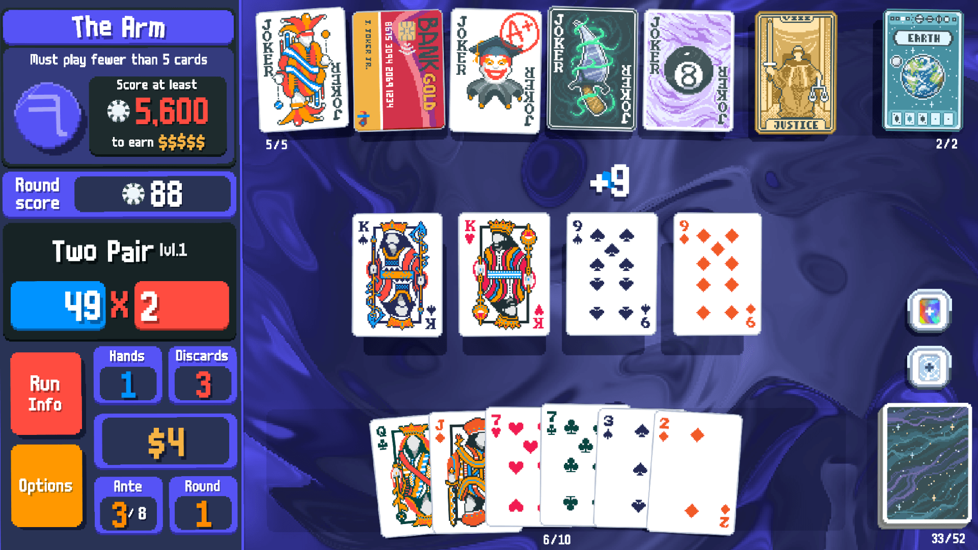 A Balatro scoring sequence with a Two Pair hand, a blue Chips counter, a red Mult counter, and five Jokers.