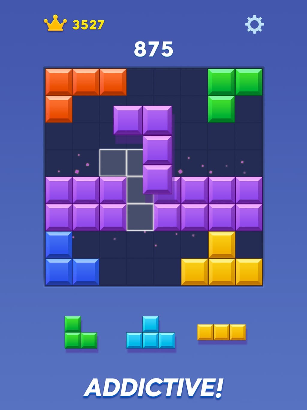 Block Blast publisher promotional image showing a purple held piece and highlighted near-complete rows.