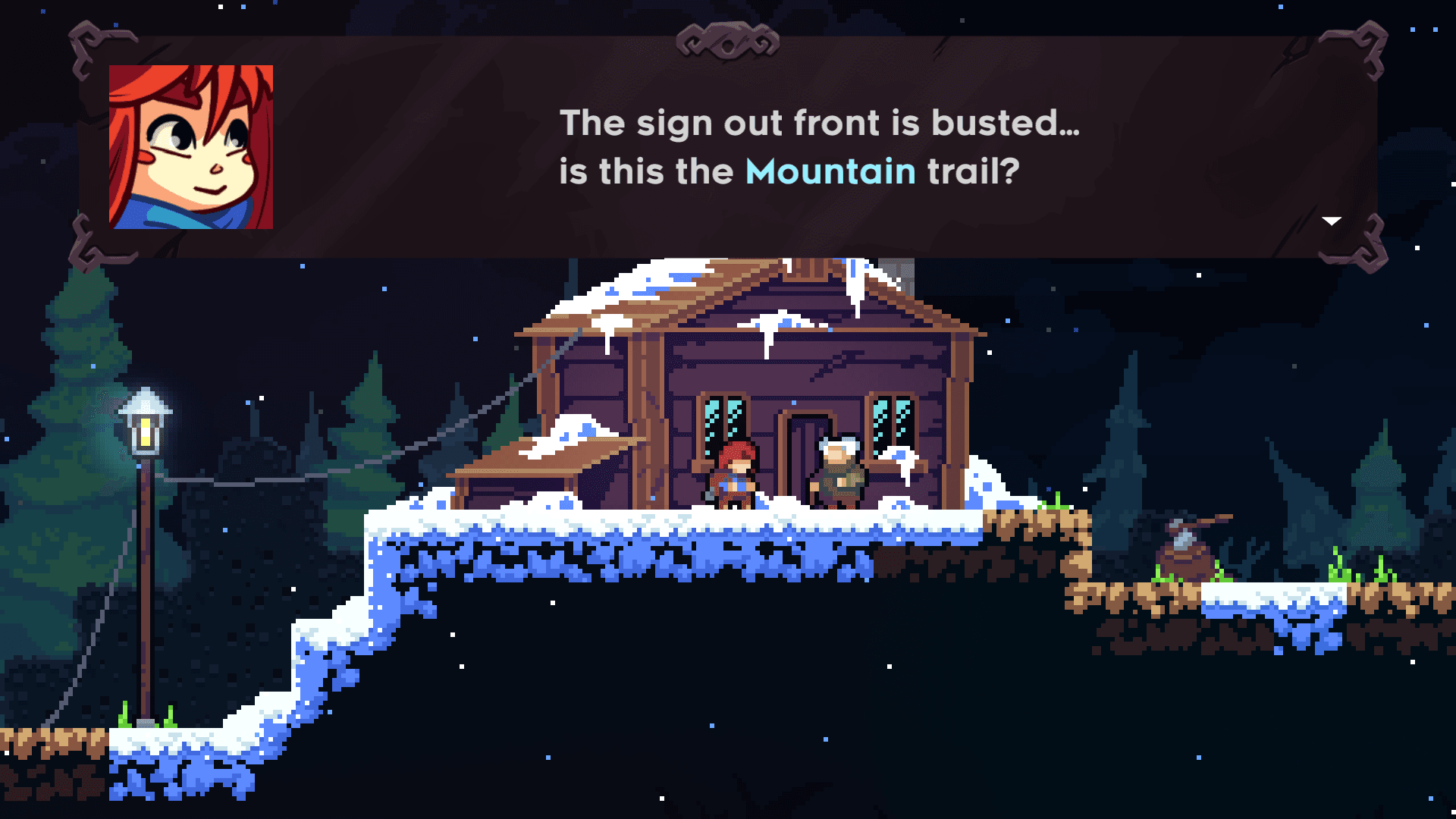 Celeste: Madeline speaks to an elderly woman outside a snowy cabin at the start of the mountain trail.