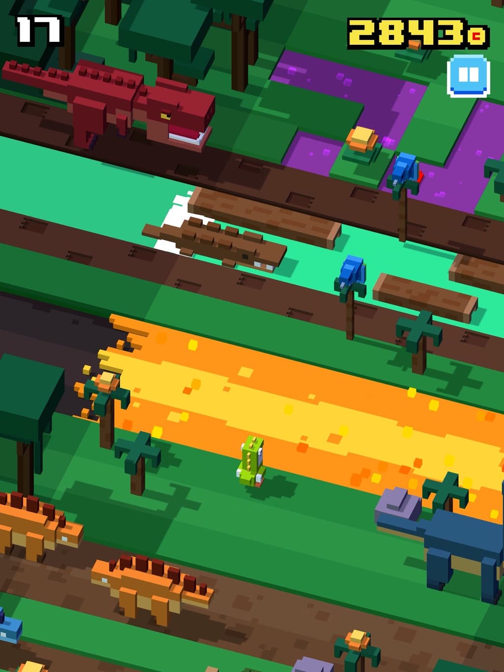 Crossy Road dinosaur theme with a green dinosaur character, moving creatures, trees, and floating logs.